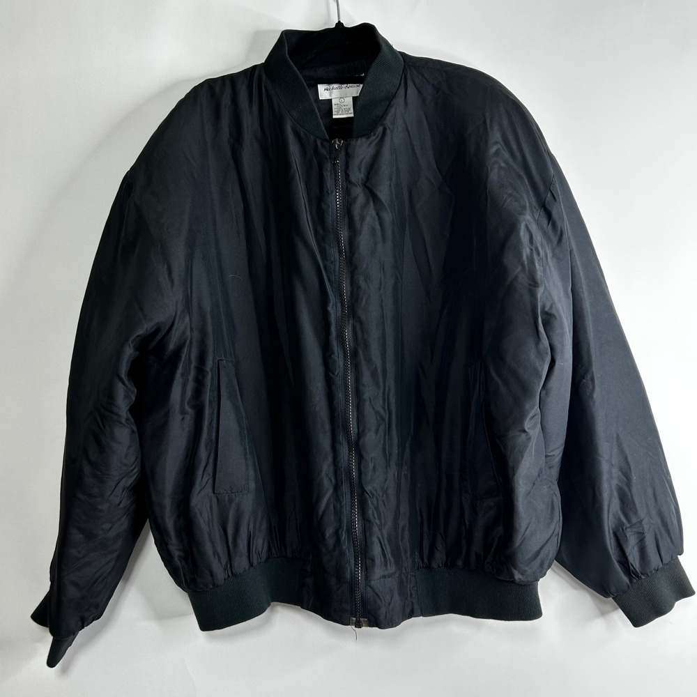90s Vintage Black Silk Bomber Jacket Quilted Lining‎ L Soft Dull Zip Minimalist